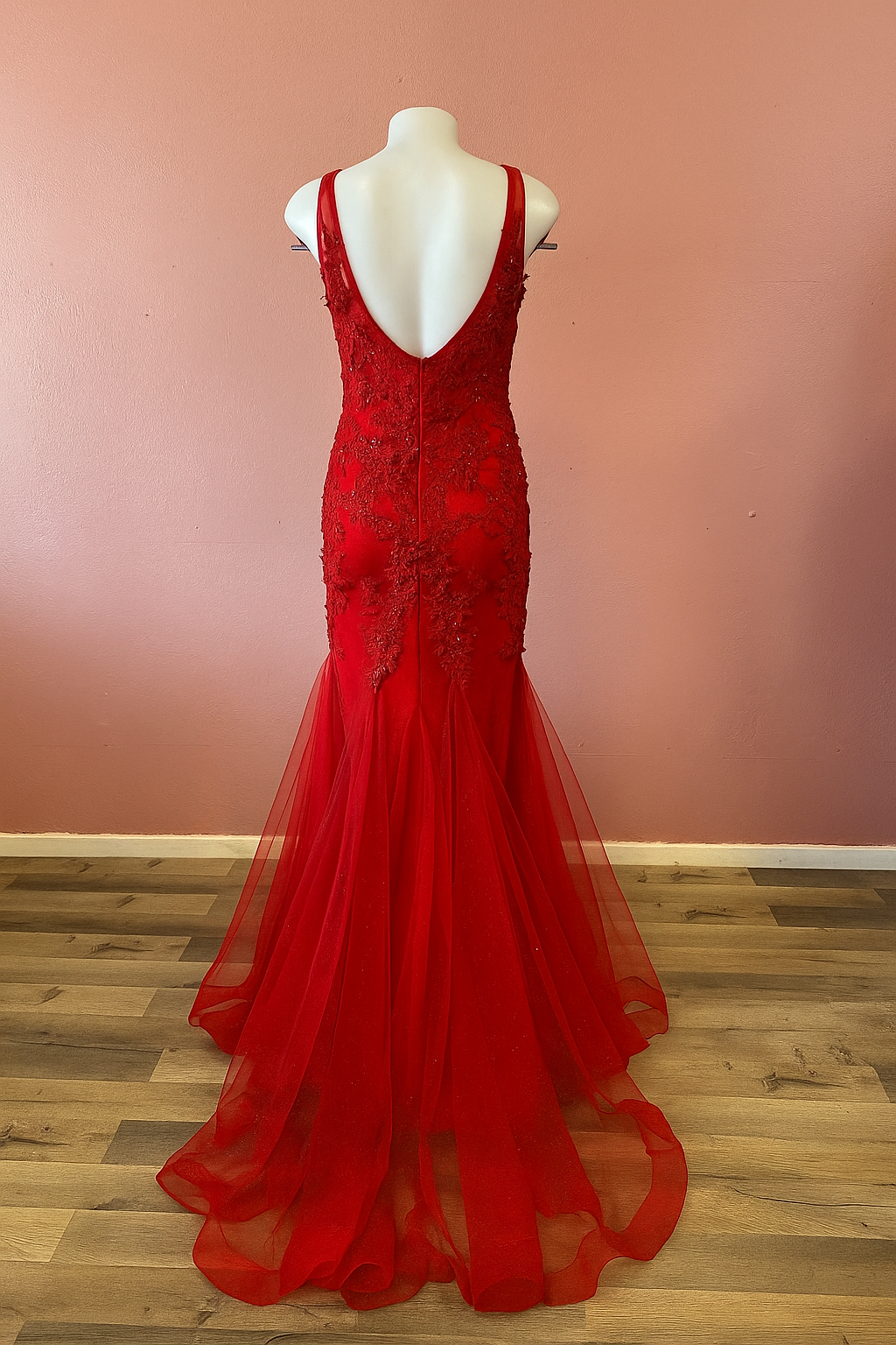 Red Carpet Beaded Stone Lace Dress