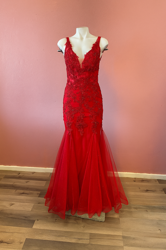 Red Carpet Beaded Stone Lace Dress