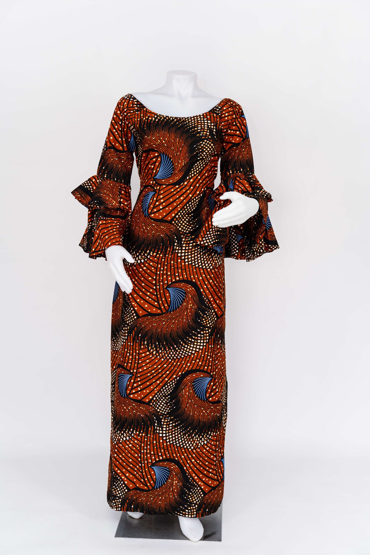 Rust Flare-Sleeve Maxi Gown