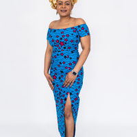 blue ankara off-shoulder dress
African print midi gown