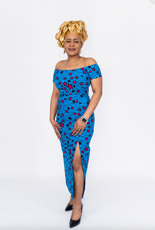 blue ankara off-shoulder dress
African print midi gown